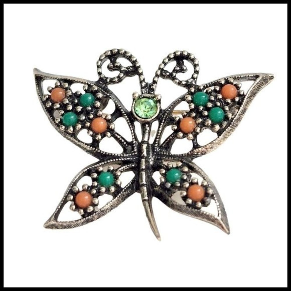 Vintage Sarah Coventry 70s Butterfly Brooch Wings Of Fashion Orange Green Pin